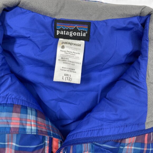 Patagonia Goose Down Plaid Blue Puffer Ski Snow Vest Jacket Girls Large 12 - Picture 6 of 11